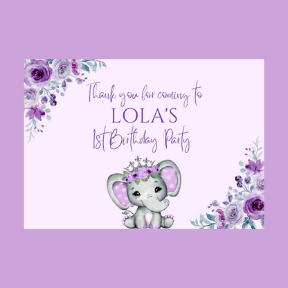 Rectangle Stickers | Party Stickers | Purple Floral Elephant Baby Shower, Birthday, Christening Stickers | Party Bag Stickers