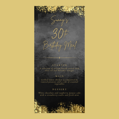 Table Party Menu | Black & Gold Menu | Black & Gold Party Theme