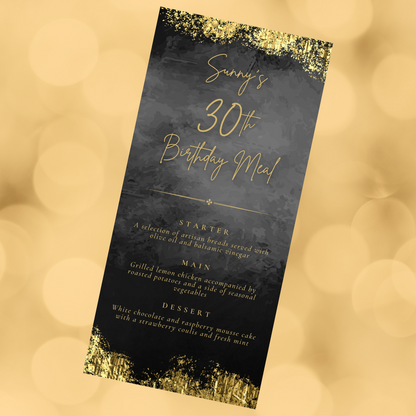 Table Party Menu | Black & Gold Menu | Black & Gold Party Theme