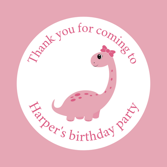 Pink Bow Dinosaur Party Stickers | Circle Stickers | Sticker Sheet | Party Stickers | Dinosaur Party Theme