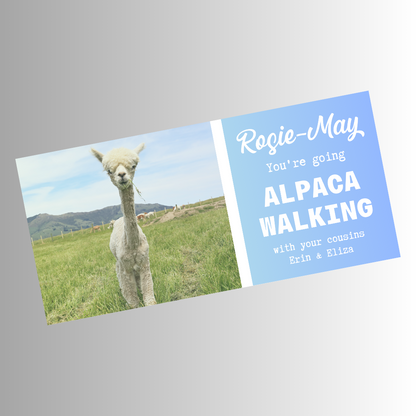 Surprise Ticket Print | Personalised Alpaca Walking Ticket Pass Voucher Membership | Gift Idea