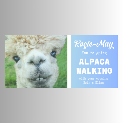 Surprise Ticket Print | Personalised Alpaca Walking Ticket Pass Voucher Membership | Gift Idea