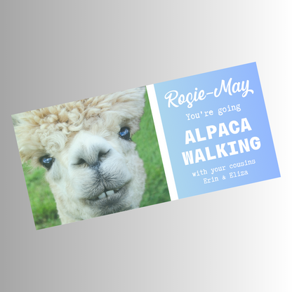 Surprise Ticket Print | Personalised Alpaca Walking Ticket Pass Voucher Membership | Gift Idea