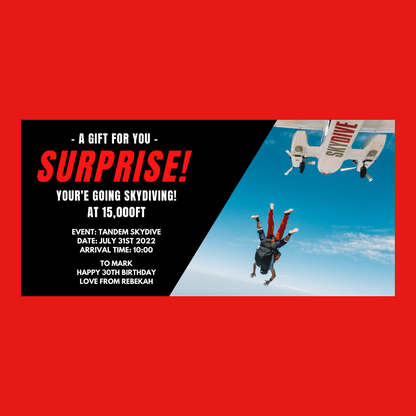 Surprise Ticket Print | Personalised Skydiving Ticket Voucher | Gift Idea