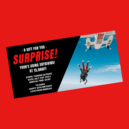 Surprise Ticket Print | Personalised Skydiving Ticket Voucher | Gift Idea