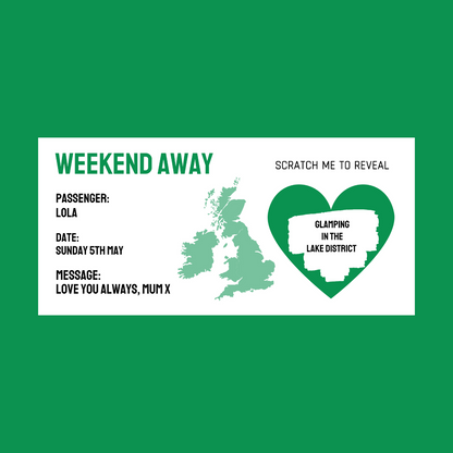 Green Surprise Ticket Print | Personalised Weekend Away Scratch Reveal Ticket | Staycation UK | Gift Idea