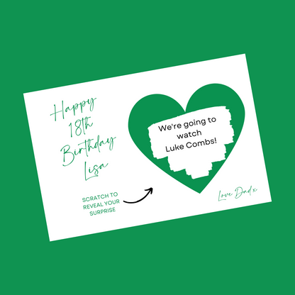 A6 Green Surprise Ticket Print | Personalised Birthday Ticket | Birthday Scratch Reveal | Gift Idea