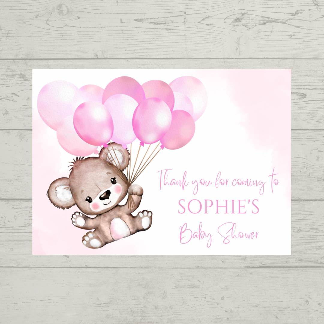 Rectangle Stickers | Pink Teddy Balloons Party Stickers | Birthday, Baby Shower, Christening Stickers | Party Bag Stickers