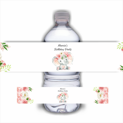 Juice Bottle Labels | Pink Floral Elephant Labels | Water Bottle Stickers | Pink Floral Elephant Baby Shower, Birthday, Christening Party