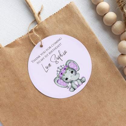 Purple Elephant Theme Birthday Party Gift Tags | Purple Elephant Theme Birthday Party | Circle Gift Tags