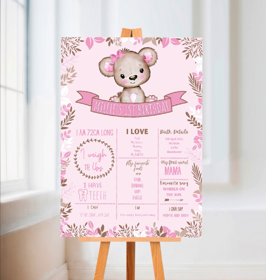 Personalised Pink or White Teddy Bear Welcome Board Sign | Teddy Bear First Birthday Board | Birthday Party Sign | Teddy Bear Party Theme | A4, A3, A2