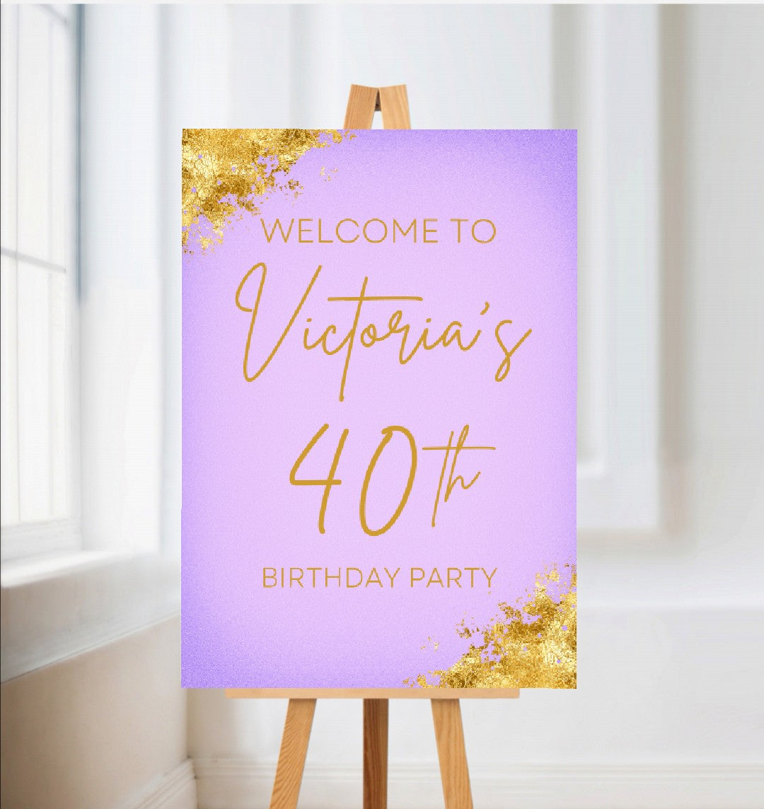 Purple & Gold Welcome Board Sign | Personalised Birthday Board | Birthday Party Sign | A4, A3, A2