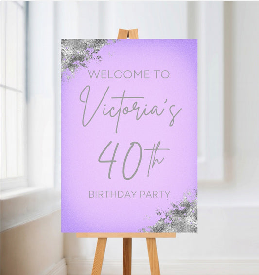 Purple & Silver Welcome Board Sign | Personalised Birthday Board | Birthday Party Sign | A4, A3, A2