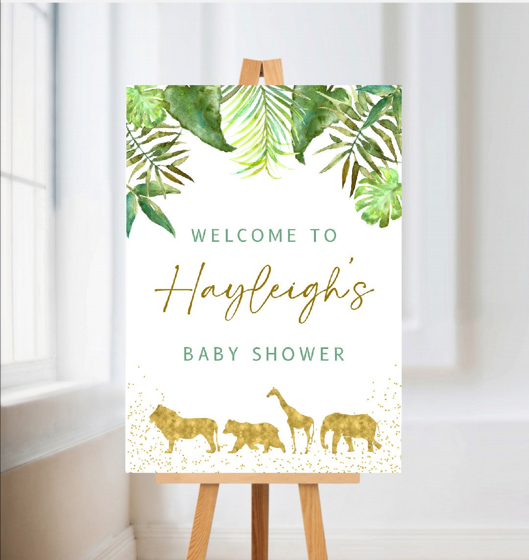 Green Gold Safari Animal Welcome Board Sign | Personalised Birthday, Baby Shower Board | Birthday Party Sign | Safari Jungle Animal Party Theme | A4, A3, A2