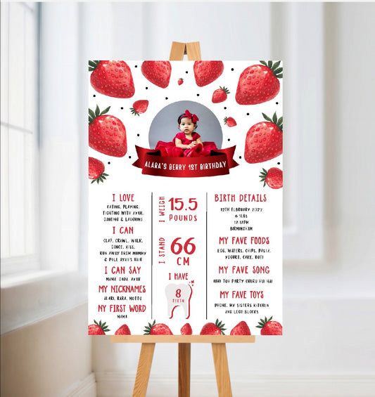 Personalised Strawberry Welcome Board Sign | Strawberry First Birthday Board | Birthday Party Sign | Strawberry Party Theme | A4, A3, A2