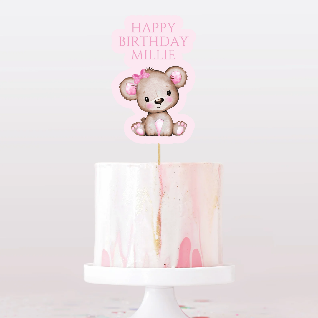 Cake Topper | Personalised Pink Teddy Bear Cake Topper | Pink Teddy Bear Party Supplies