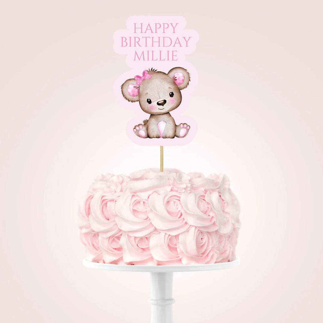 Cake Topper | Personalised Pink Teddy Bear Cake Topper | Pink Teddy Bear Party Supplies