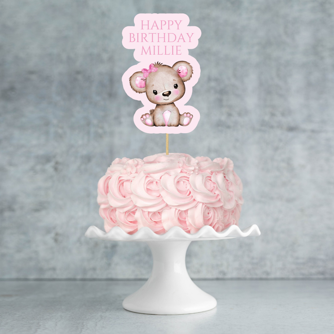 Cake Topper | Personalised Pink Teddy Bear Cake Topper | Pink Teddy Bear Party Supplies