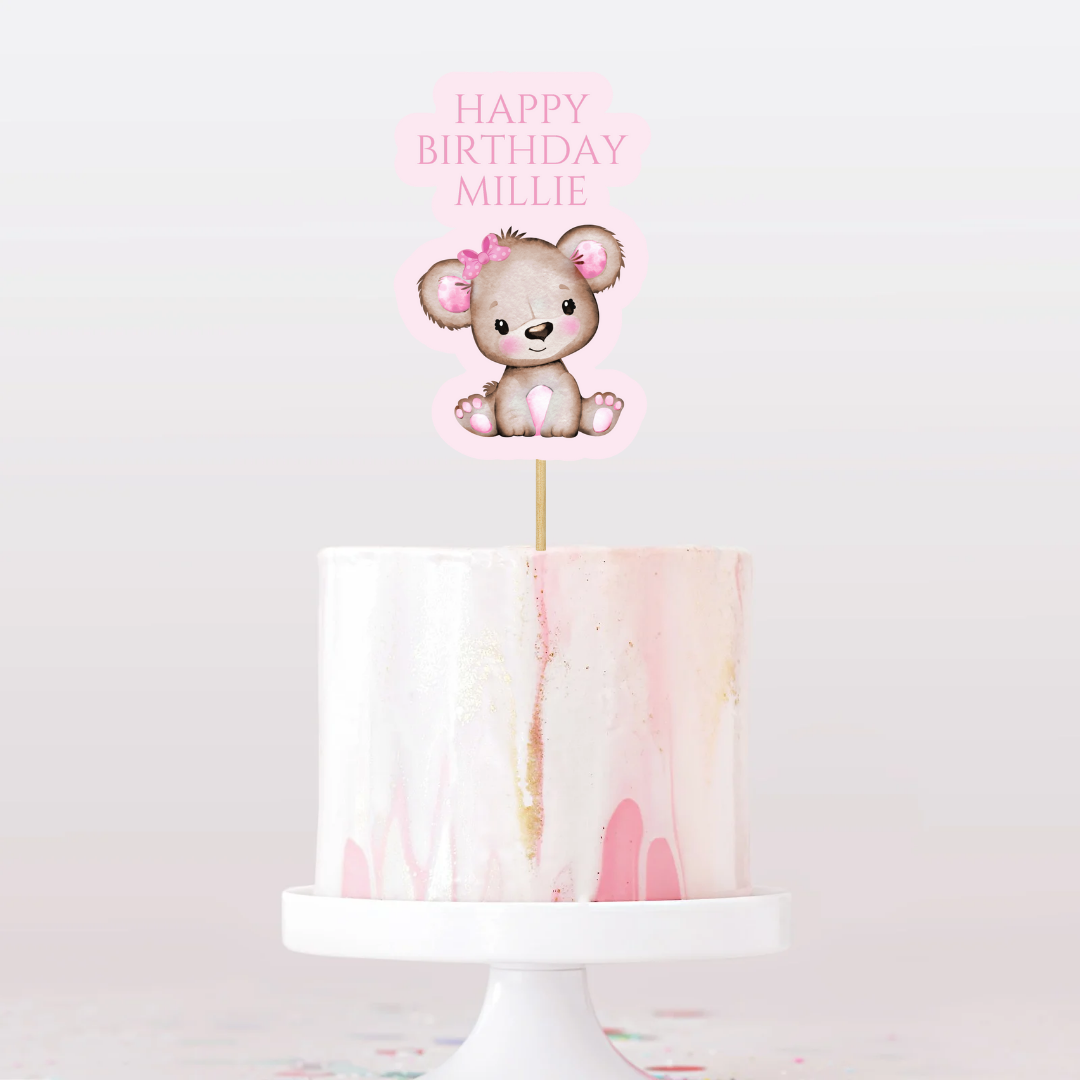 Cake Topper | Personalised Pink Teddy Bear Cake Topper | Pink Teddy Bear Party Supplies