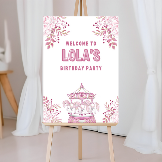 Carousel Horse Welcome Board Sign | Personalised Birthday Board | Birthday Party Sign | A4, A3, A2