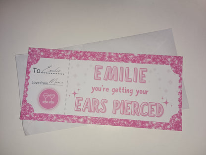 Surprise Ticket Print | Personalised Pink Ear Piercing Ticket Gift Voucher | Gift Idea