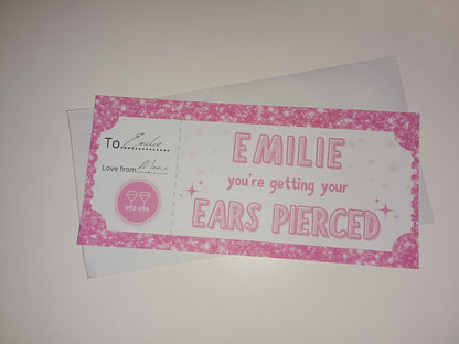 Surprise Ticket Print | Personalised Pink Ear Piercing Ticket Gift Voucher | Gift Idea