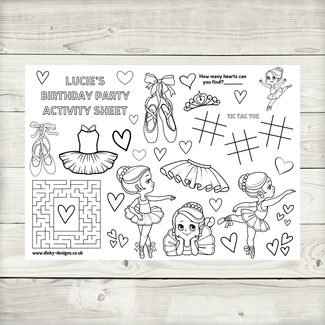 A4 Colouring Activity Sheets | Personalised Ballerina Activity Sheets | Party Bag Favours | Party Placemats