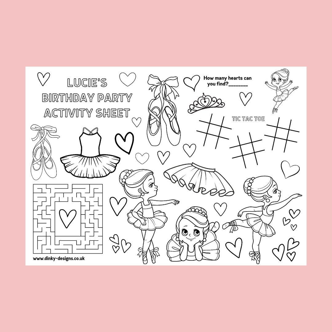 A4 Colouring Activity Sheets | Personalised Ballerina Activity Sheets | Party Bag Favours | Party Placemats