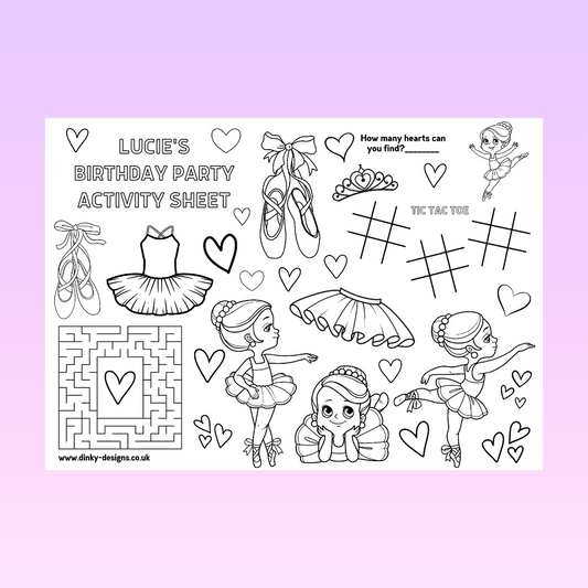 A4 Colouring Activity Sheets | Personalised Ballerina Activity Sheets | Party Bag Favours | Party Placemats