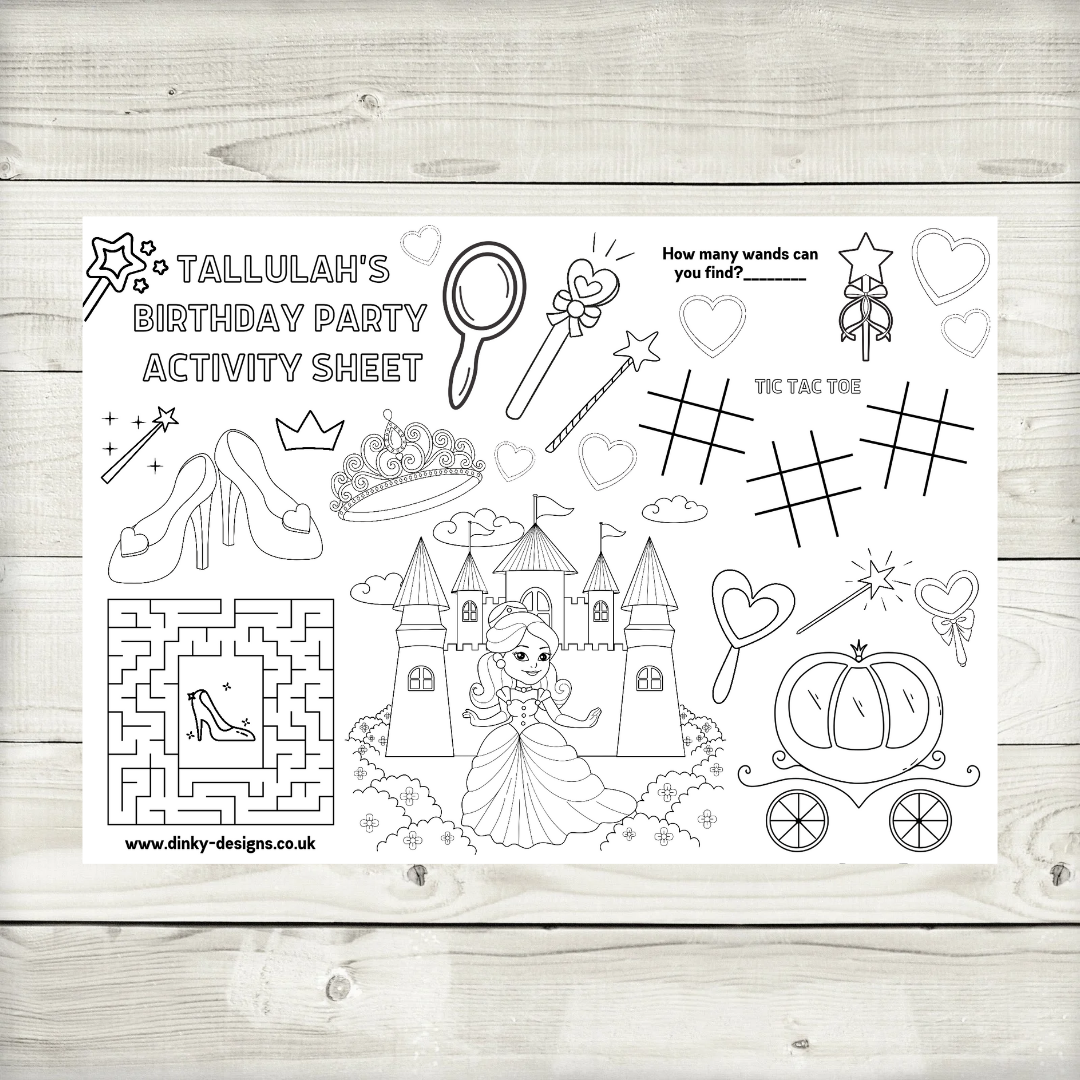 A4 Colouring Activity Sheets | Personalised Princess Activity Sheets | Party Bag Favours | Party Placemats