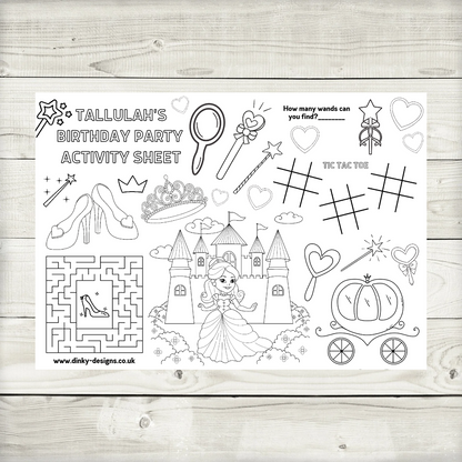 A4 Colouring Activity Sheets | Personalised Princess Activity Sheets | Party Bag Favours | Party Placemats