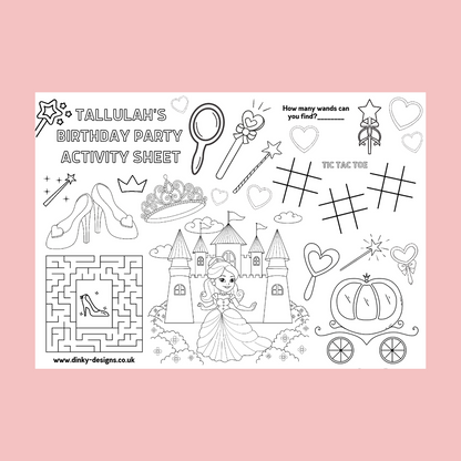 A4 Colouring Activity Sheets | Personalised Princess Activity Sheets | Party Bag Favours | Party Placemats