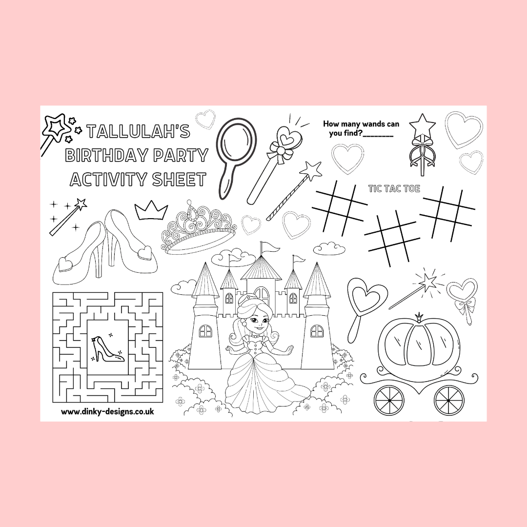 A4 Colouring Activity Sheets | Personalised Princess Activity Sheets | Party Bag Favours | Party Placemats