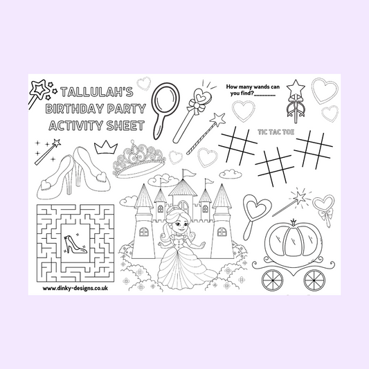 A4 Colouring Activity Sheets | Personalised Princess Activity Sheets | Party Bag Favours | Party Placemats