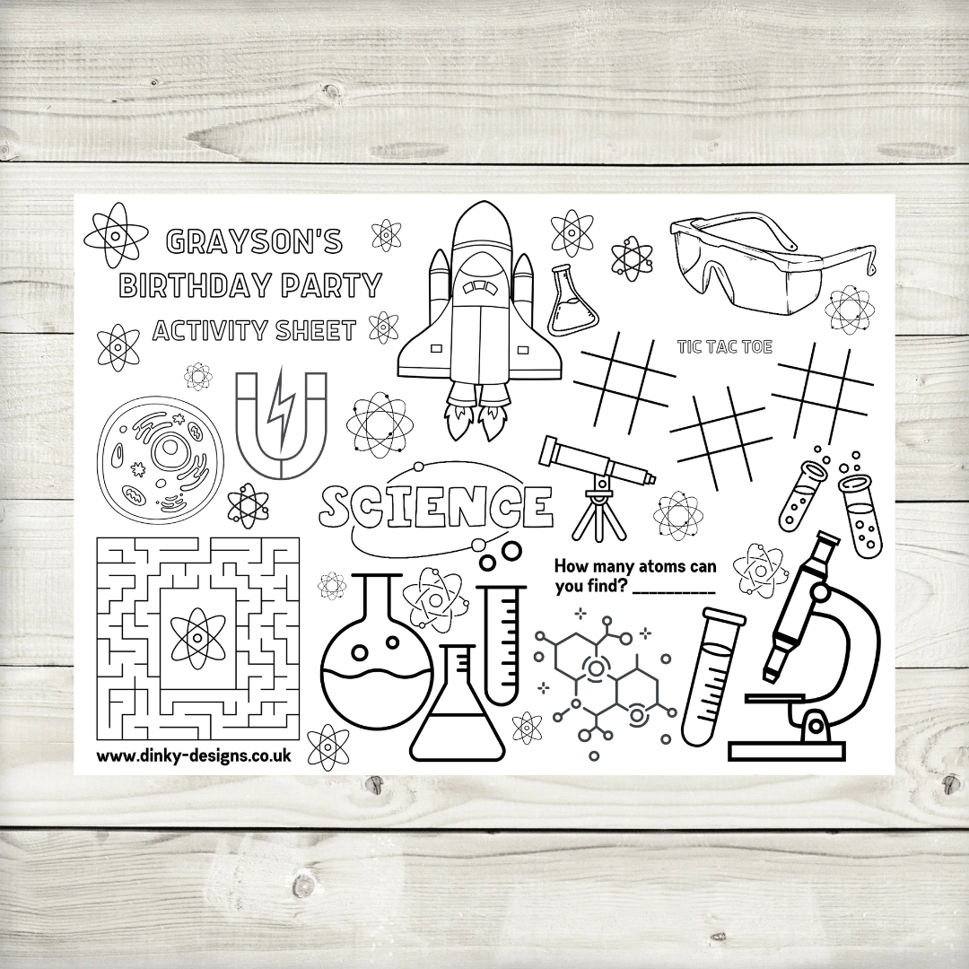 A4 Colouring Activity Sheets | Personalised Science Activity Sheets | Party Bag Favours | Party Placemats