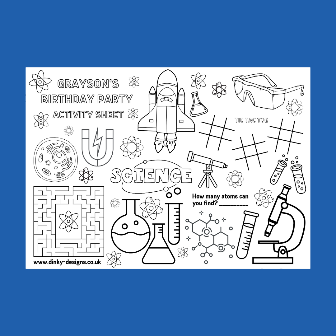 A4 Colouring Activity Sheets | Personalised Science Activity Sheets | Party Bag Favours | Party Placemats