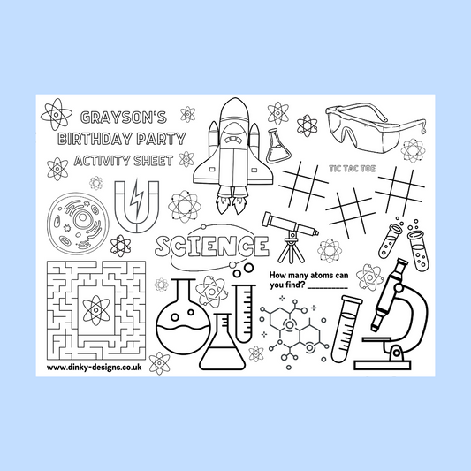 A4 Colouring Activity Sheets | Personalised Science Activity Sheets | Party Bag Favours | Party Placemats