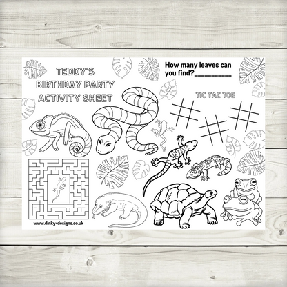 A4 Colouring Activity Sheets | Personalised Reptile Activity Sheets | Party Bag Favours | Party Placemats