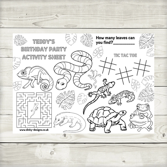 A4 Colouring Activity Sheets | Personalised Reptile Activity Sheets | Party Bag Favours | Party Placemats