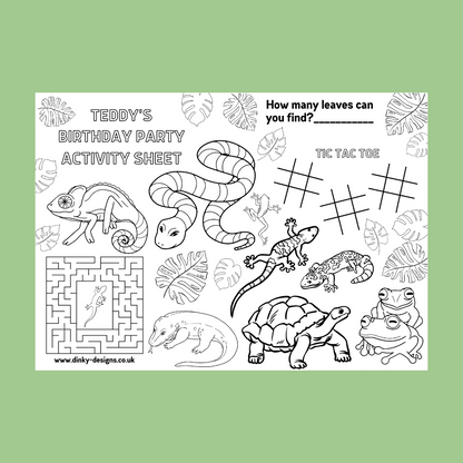 A4 Colouring Activity Sheets | Personalised Reptile Activity Sheets | Party Bag Favours | Party Placemats