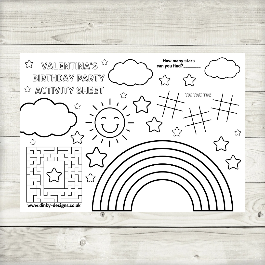 A4 Colouring Activity Sheets | Personalised Rainbow Activity Sheets | Party Bag Favours | Party Placemats