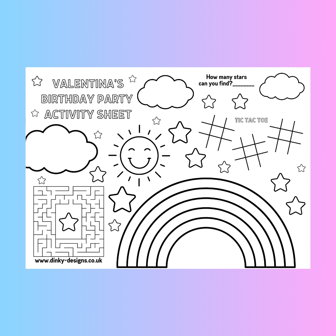 A4 Colouring Activity Sheets | Personalised Rainbow Activity Sheets | Party Bag Favours | Party Placemats