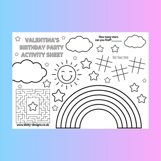 A4 Colouring Activity Sheets | Personalised Rainbow Activity Sheets | Party Bag Favours | Party Placemats