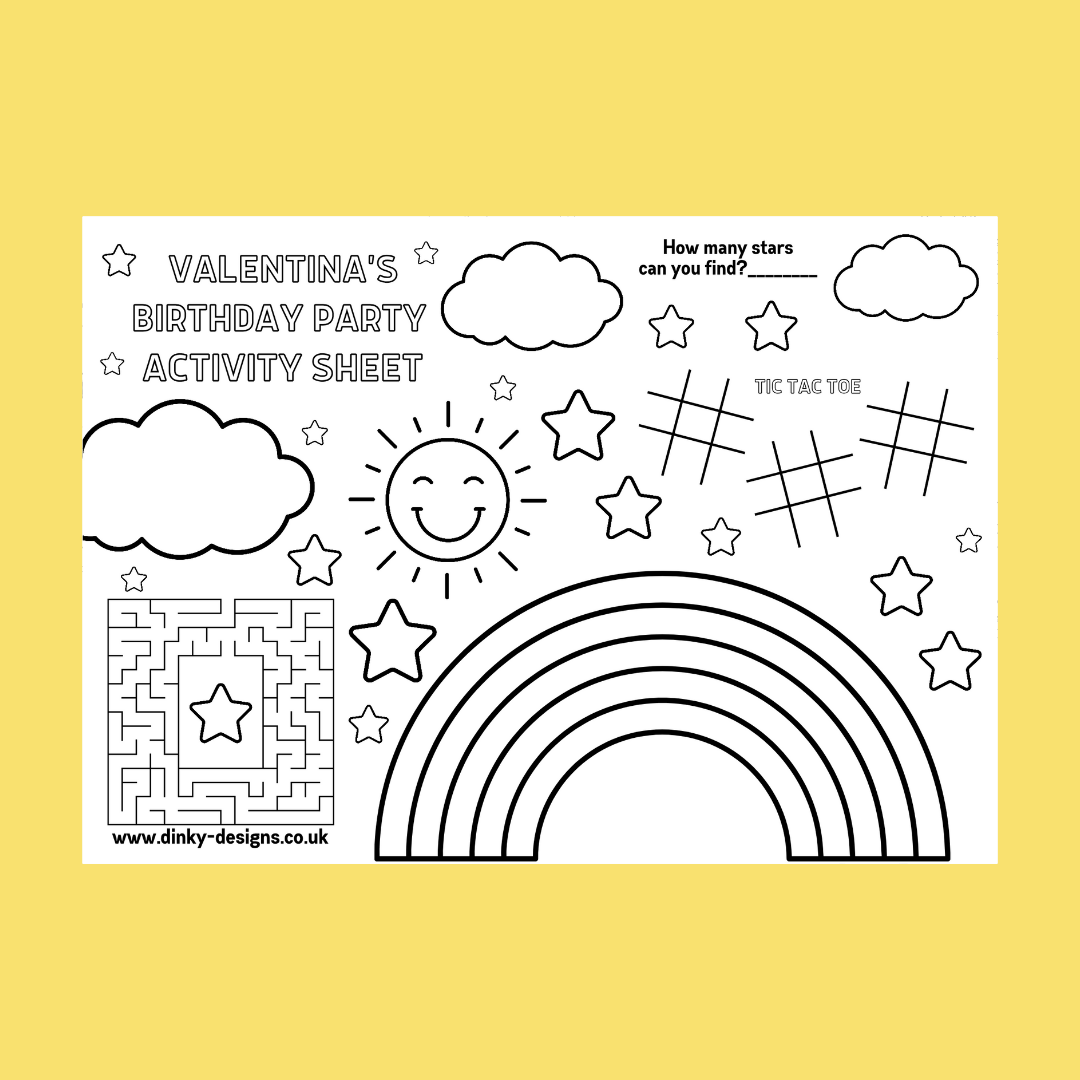 A4 Colouring Activity Sheets | Personalised Rainbow Activity Sheets | Party Bag Favours | Party Placemats