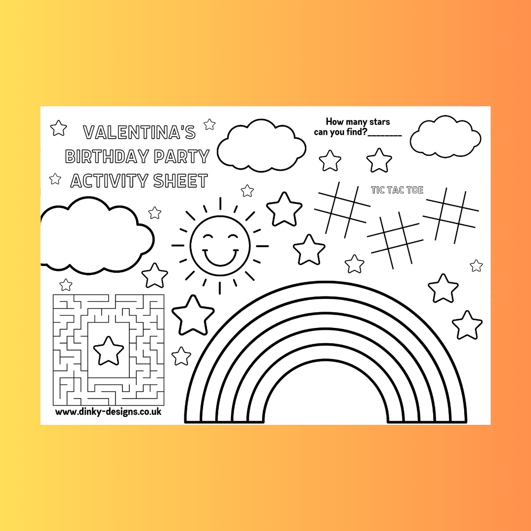 A4 Colouring Activity Sheets | Personalised Rainbow Activity Sheets | Party Bag Favours | Party Placemats