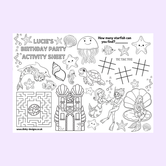 A4 Colouring Activity Sheets | Personalised Mermaid Activity Sheets | Party Bag Favours | Party Placemats