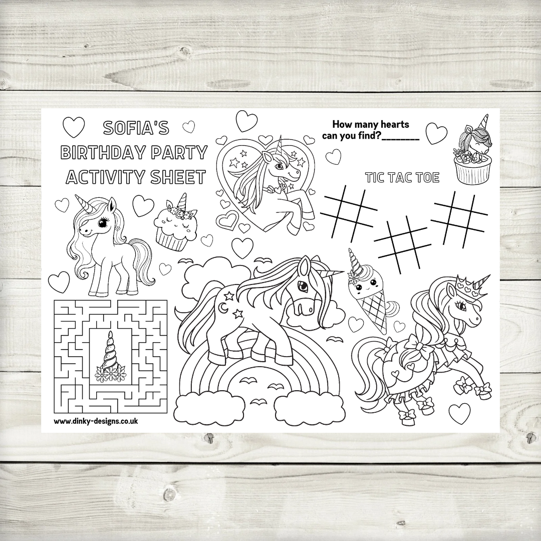 A4 Colouring Activity Sheets | Personalised Unicorn Activity Sheets | Party Bag Favours | Party Placemats