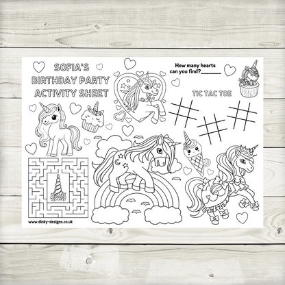 A4 Colouring Activity Sheets | Personalised Unicorn Activity Sheets | Party Bag Favours | Party Placemats