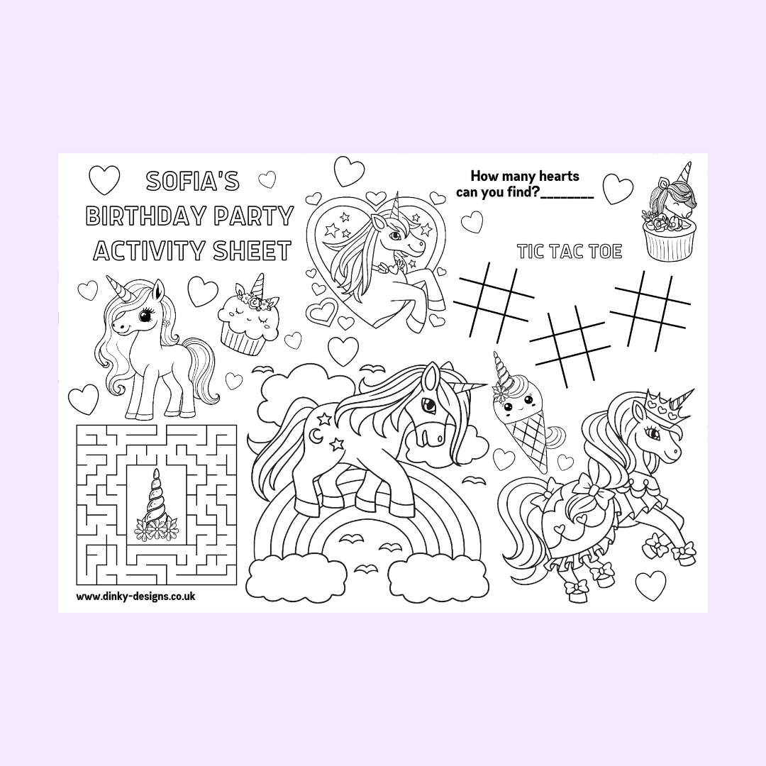 A4 Colouring Activity Sheets | Personalised Unicorn Activity Sheets | Party Bag Favours | Party Placemats