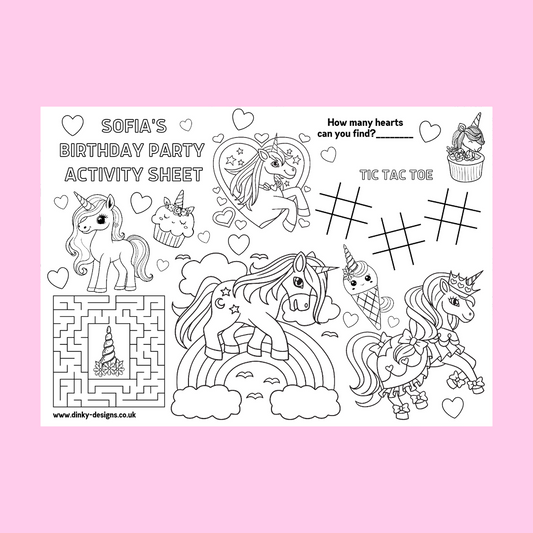 A4 Colouring Activity Sheets | Personalised Unicorn Activity Sheets | Party Bag Favours | Party Placemats